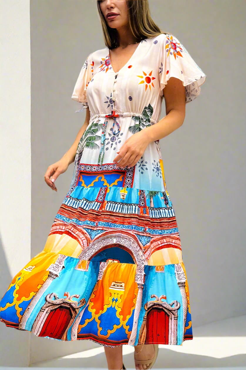 Aly Drawstring Midi in Multi Print