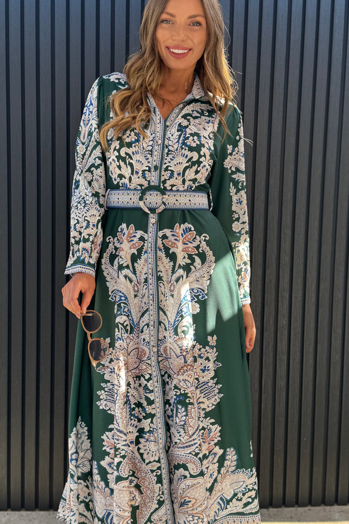 Lopez Long Sleeve Dress in Green Embroidered Print