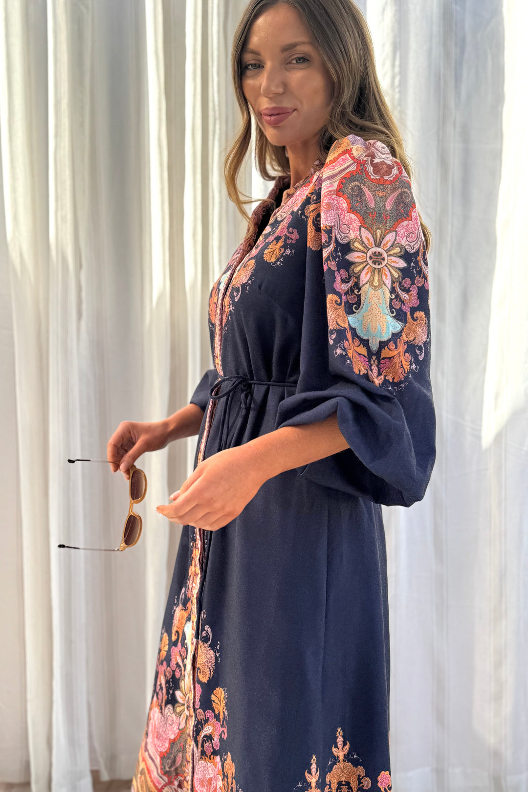 Alani Navy Embroidered Print Midi Dress