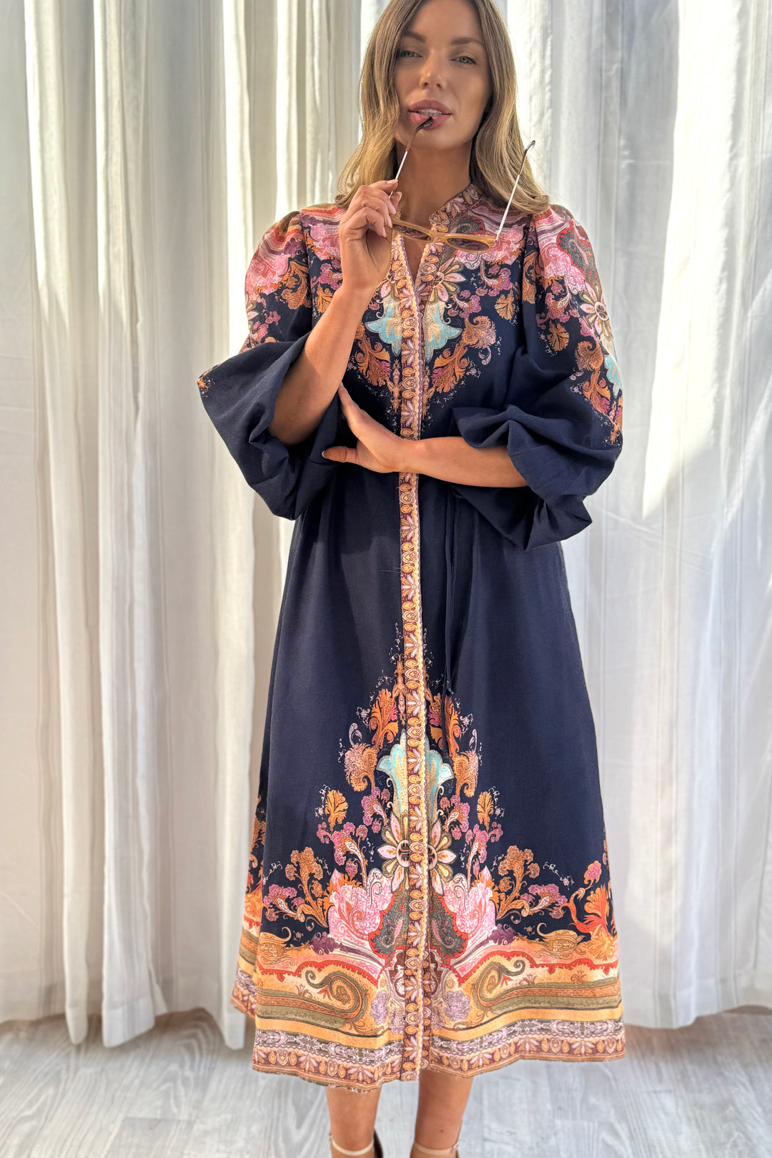 Alani Navy Embroidered Print Midi Dress