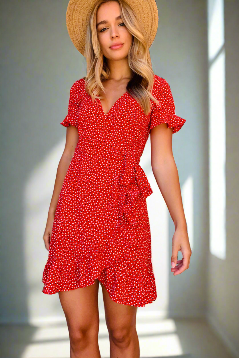 Brandi Wrap Dress In Red Heart Print Halo Hutch