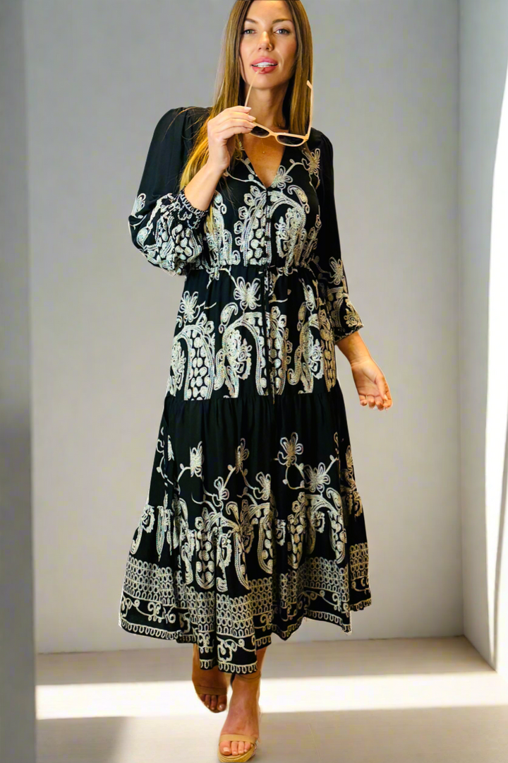 Davina Midi Dress in Black and White Print