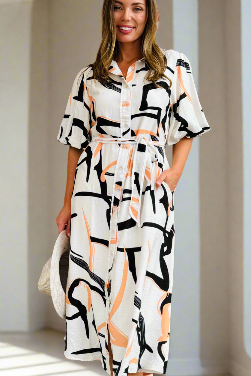 Leah Multi Print Dress in Off White