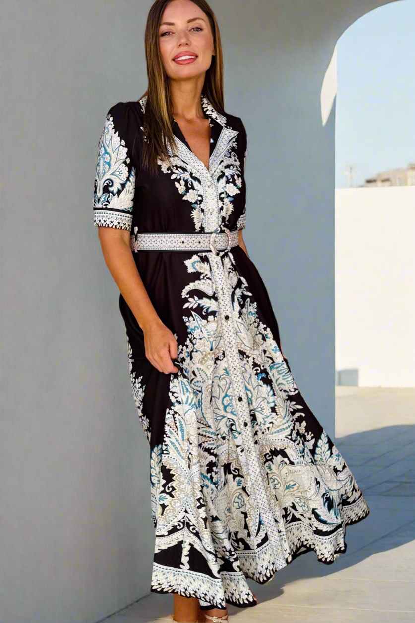 Layla Embroidered Print Maxi Dress in Black