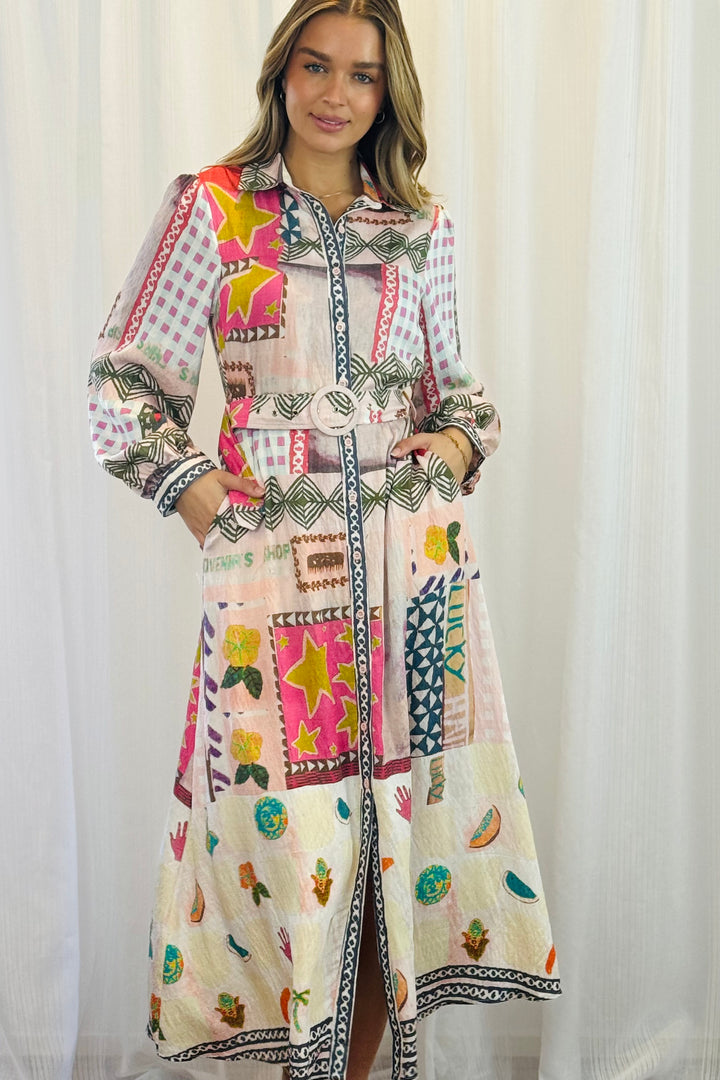 Penelope Multi Print Midi Shirt Dress
