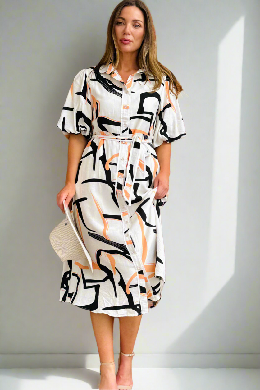 Leah Multi Print Dress in Off White