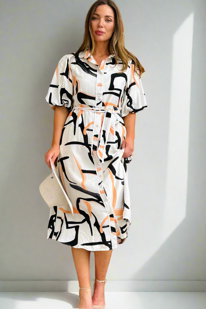 Leah Multi Print Dress in Off White
