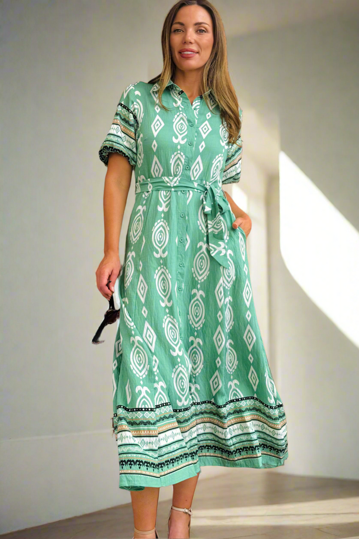 Erica Shirt Dress in Green  Batik Print