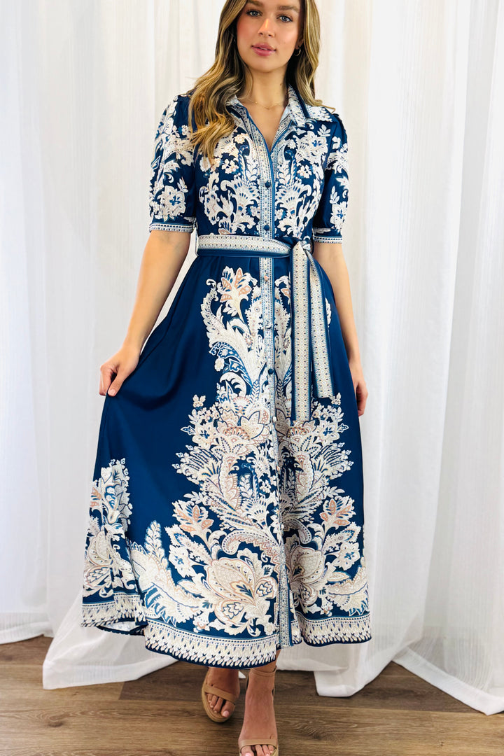 Lopez Embroidered Print Shirt Dress  In Navy