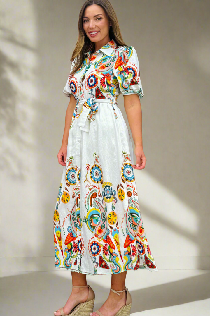 Ebony Printed Shirt Dress in Off white