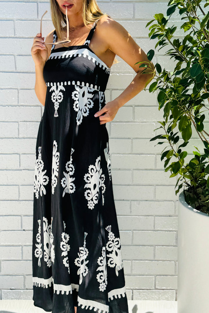 Positano Embroidered Print Maxi Dress in Black and white