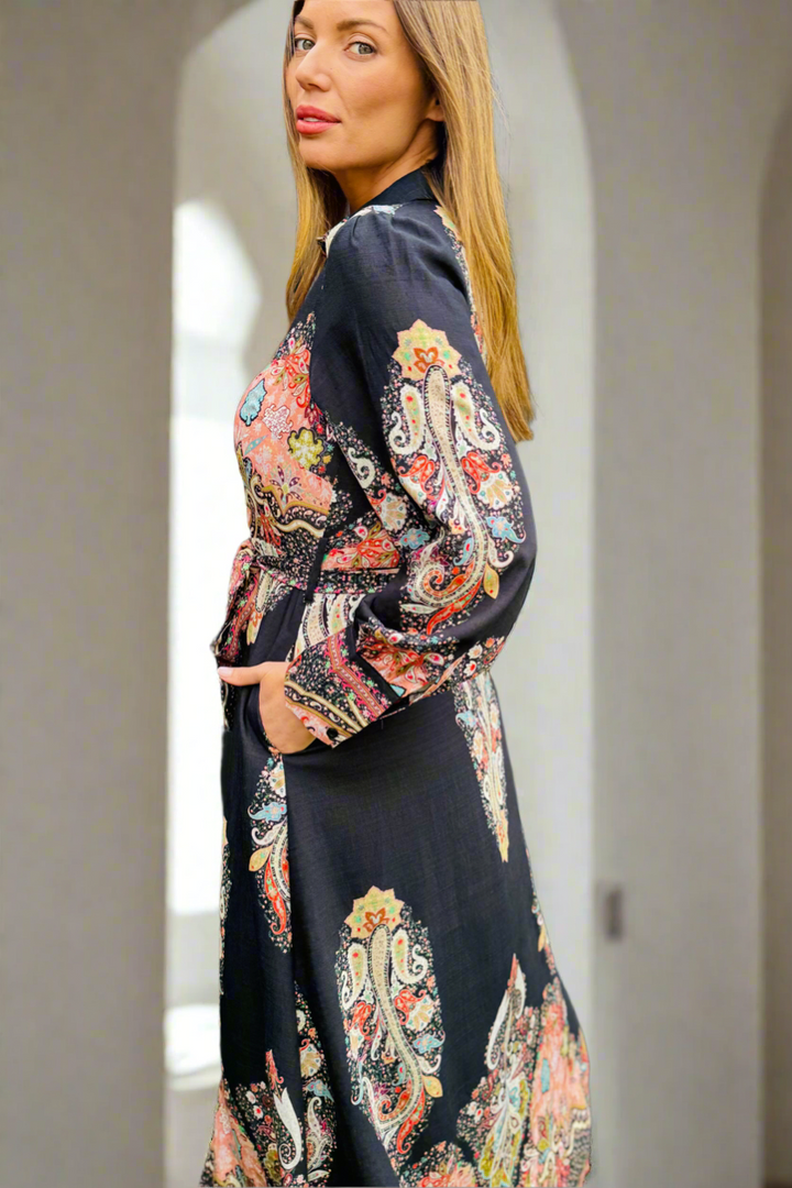 New Arrival -Gidget Black Embroidered Print Dress in Long Sleeve