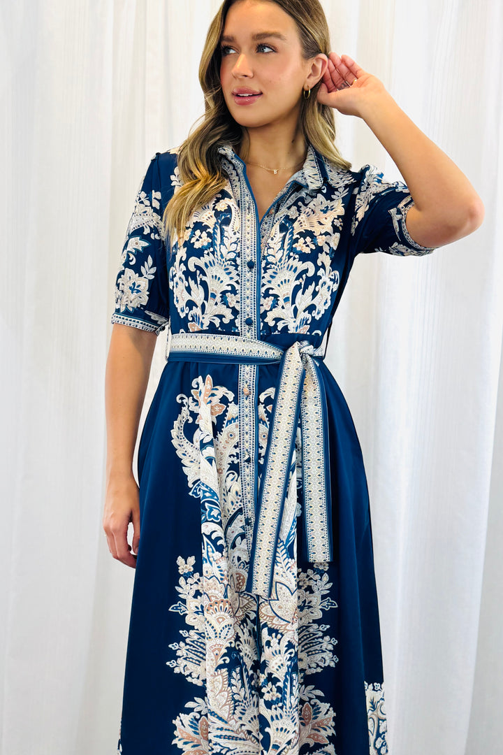 Lopez Embroidered Print Shirt Dress  In Navy