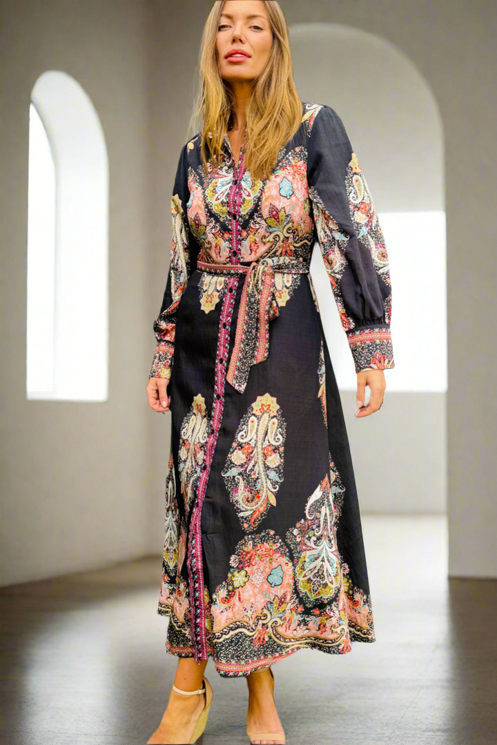 New Arrival -Gidget Black Embroidered Print Dress in Long Sleeve