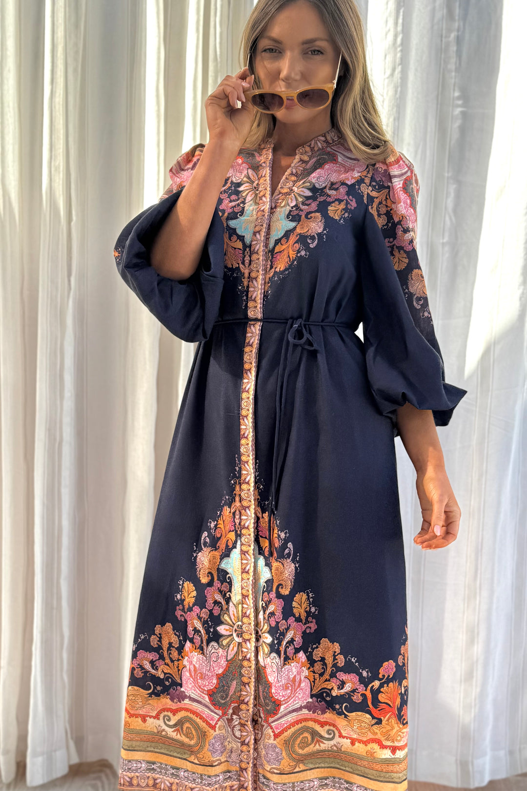 Alani Navy Embroidered Print Midi Dress