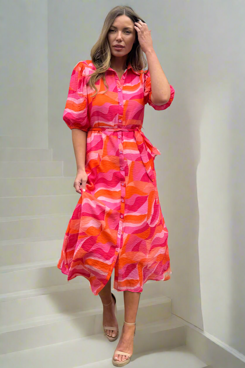 Fallon Shirt Dress In Pink and Orange Multi Print-Coming Soon