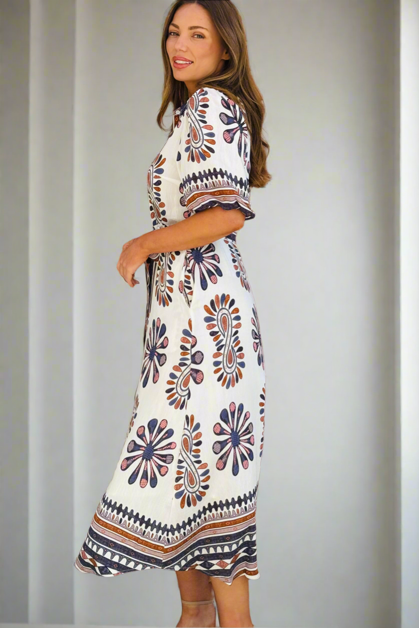 Campbell Midi Shirt Dress in Off White and Dark Navy Print