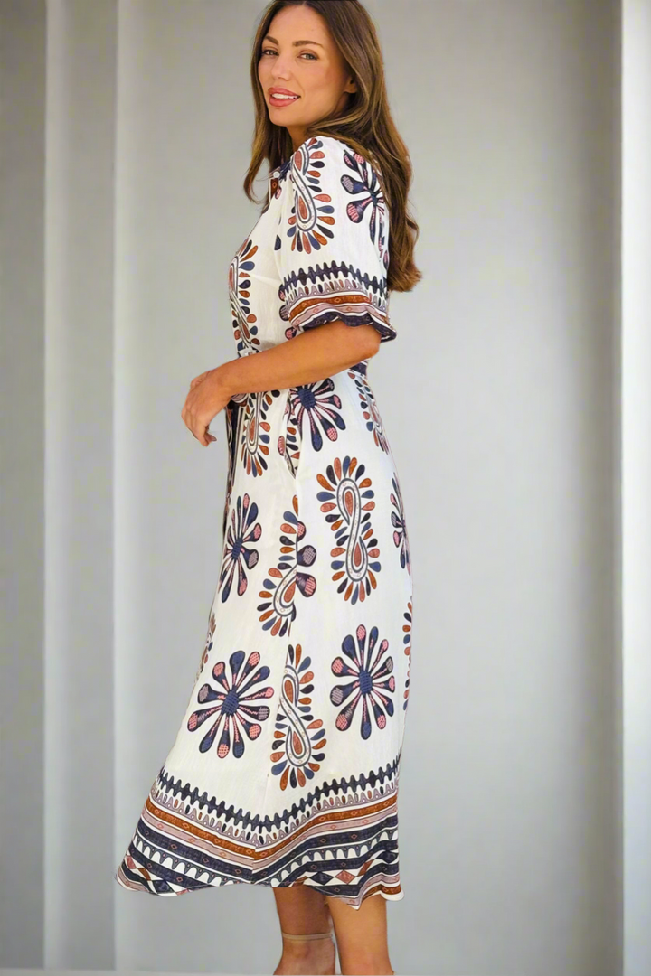 Campbell Midi Shirt Dress in Off White and Dark Navy Print