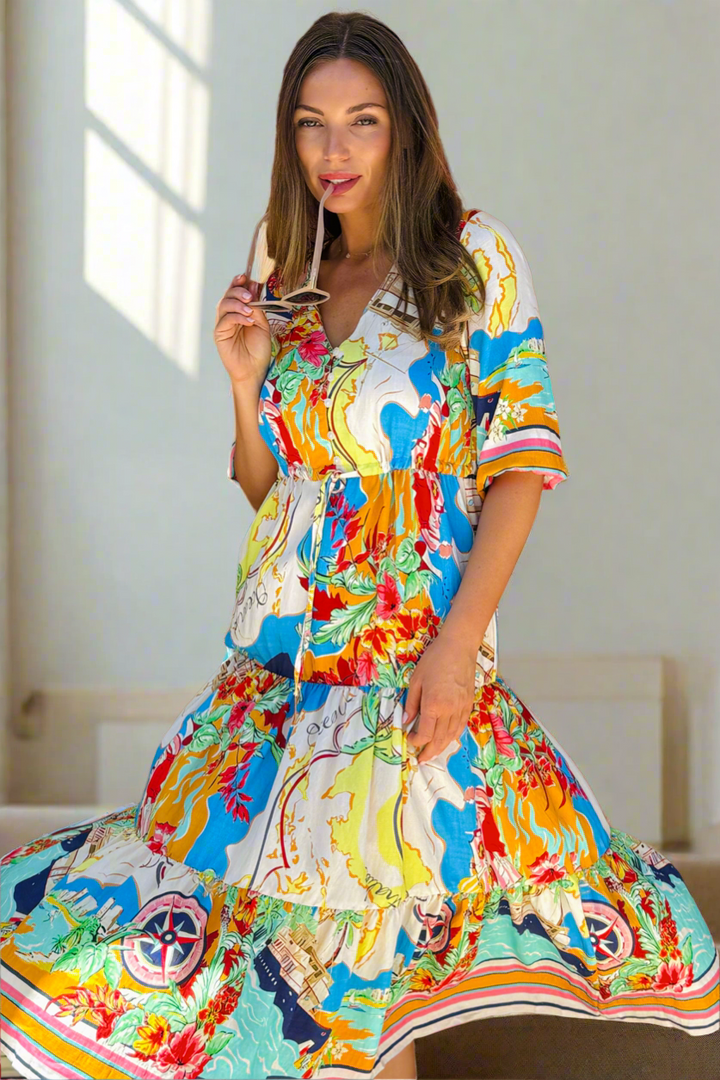 Sorrento Multi Print Drawstring Midi Dress