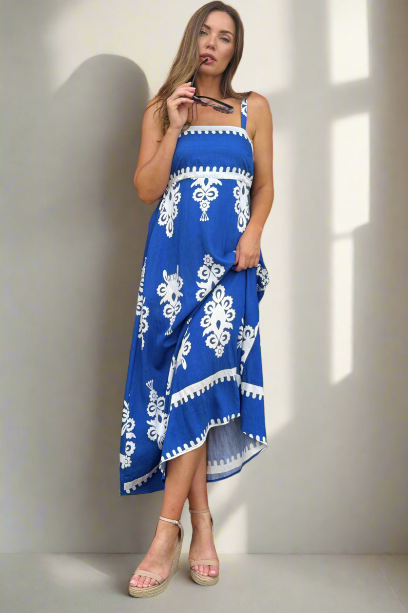 Positano Embroidery Print Maxi Dress in Blue