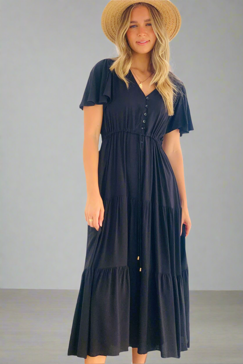 Santorini Short Sleeve Midi Dress in Black