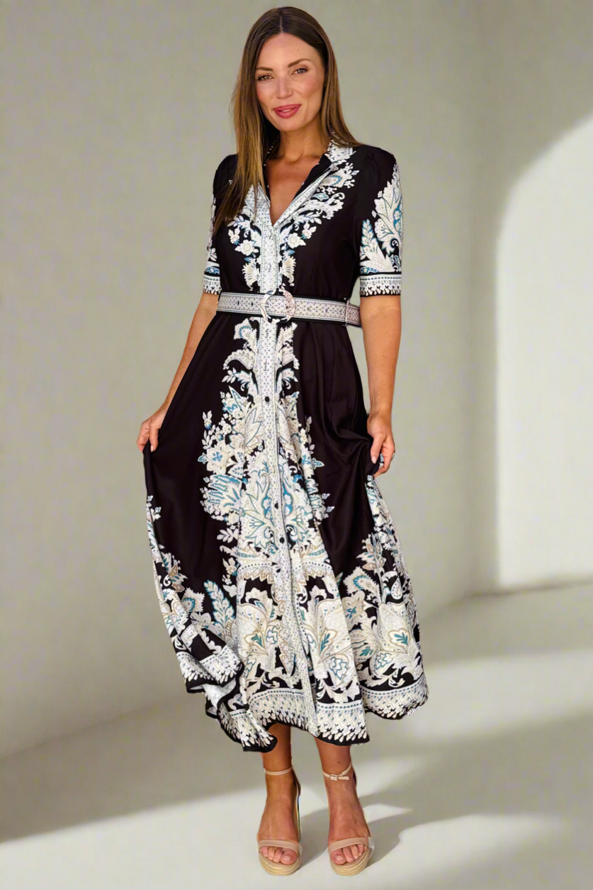 Layla Embroidered Print Maxi Dress in Black