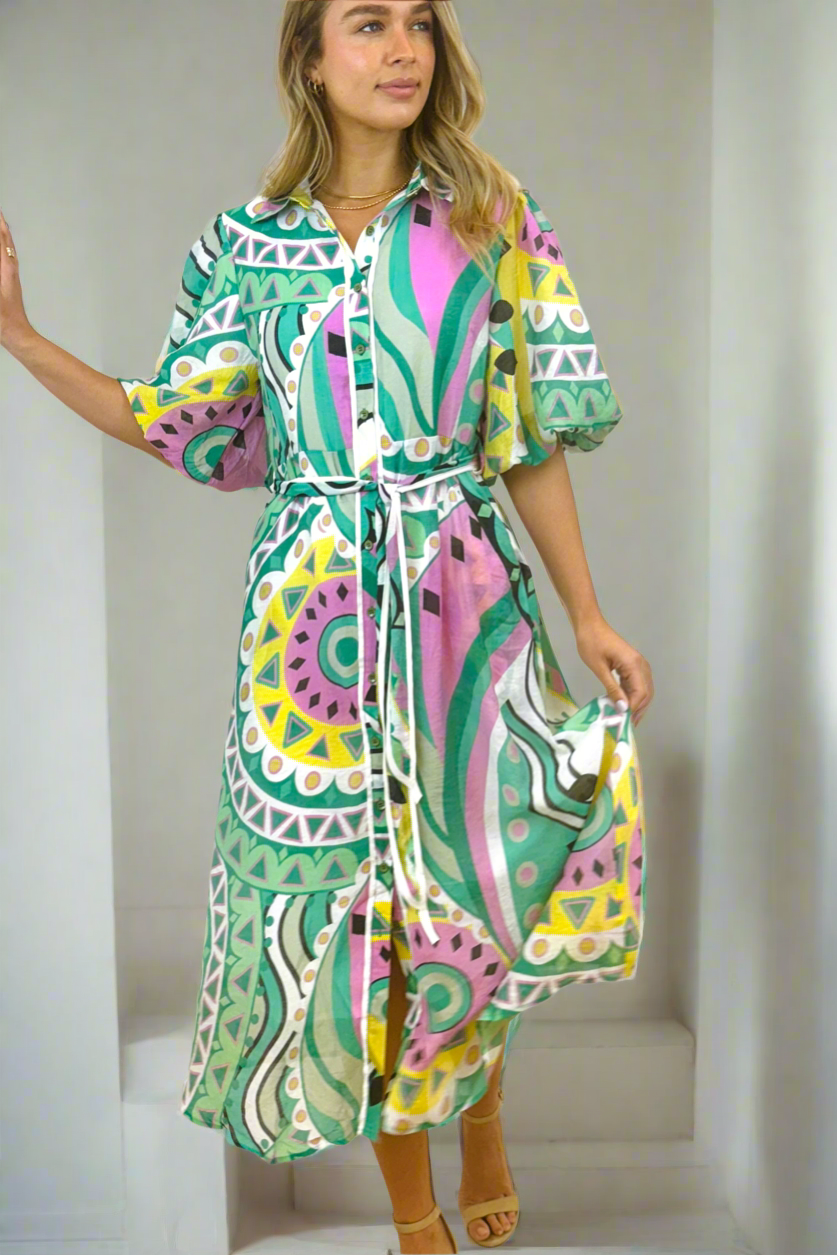 Leah Dress in Mint Colour Print