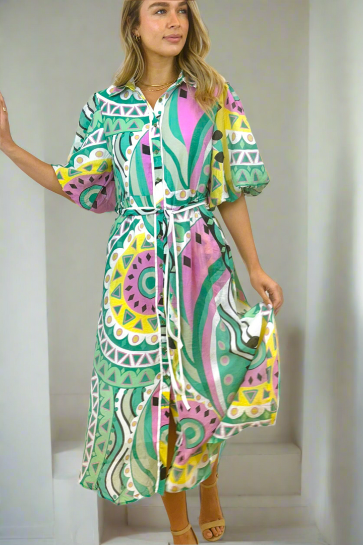 Leah Dress in Mint Colour Print