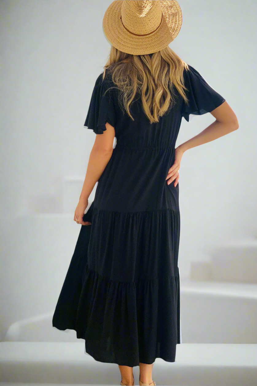 Santorini Short Sleeve Midi Dress in Black