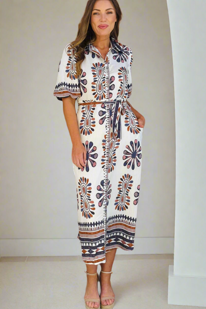 Campbell Midi Shirt Dress in Off White and Dark Navy Print