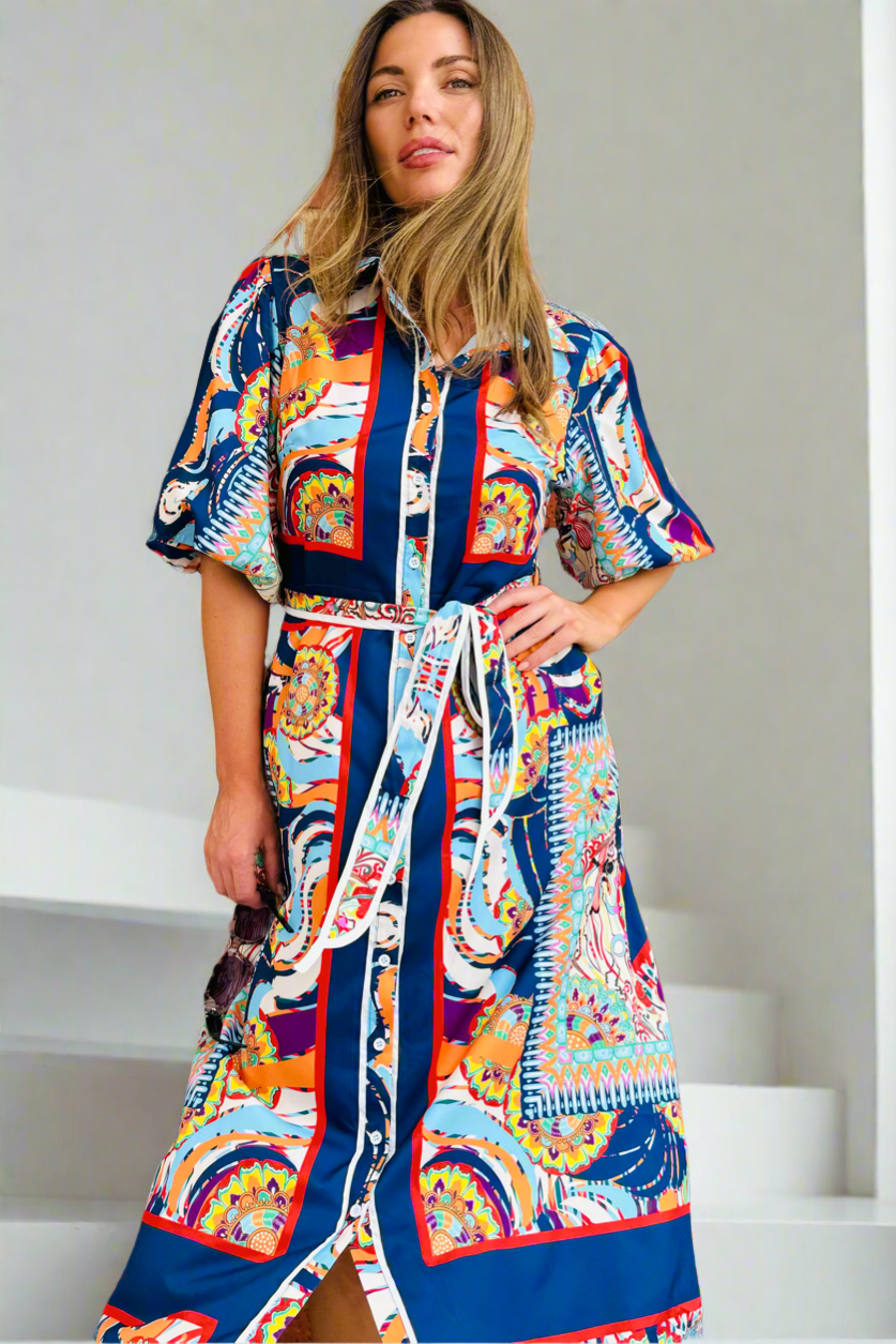 Jasmine Shirt Style Maxi Dress in Multicolour Print