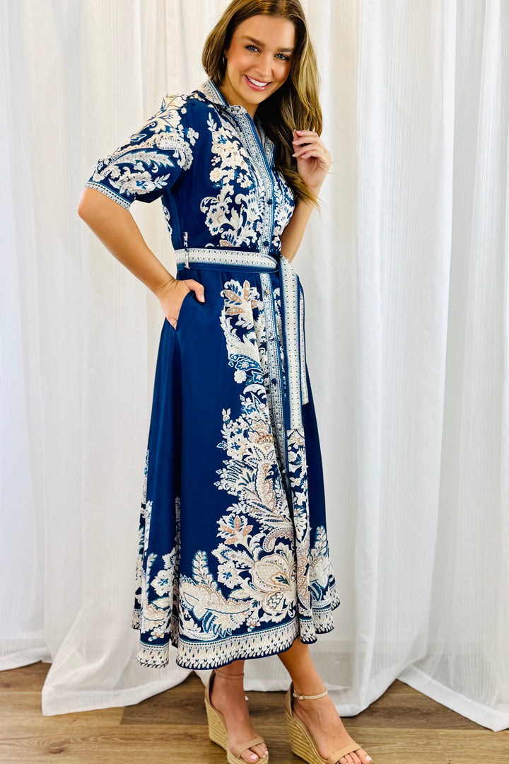 Lopez Embroidered Print Shirt Dress  In Navy