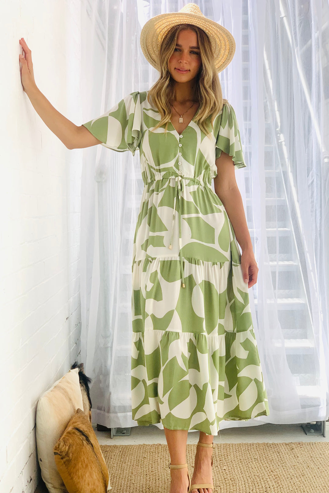 Santorini Midi  Dress In Avocado and Cream Print