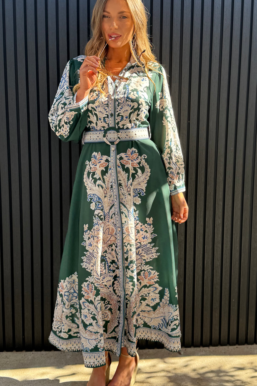 Lopez Long Sleeve Dress in Green Embroidered Print