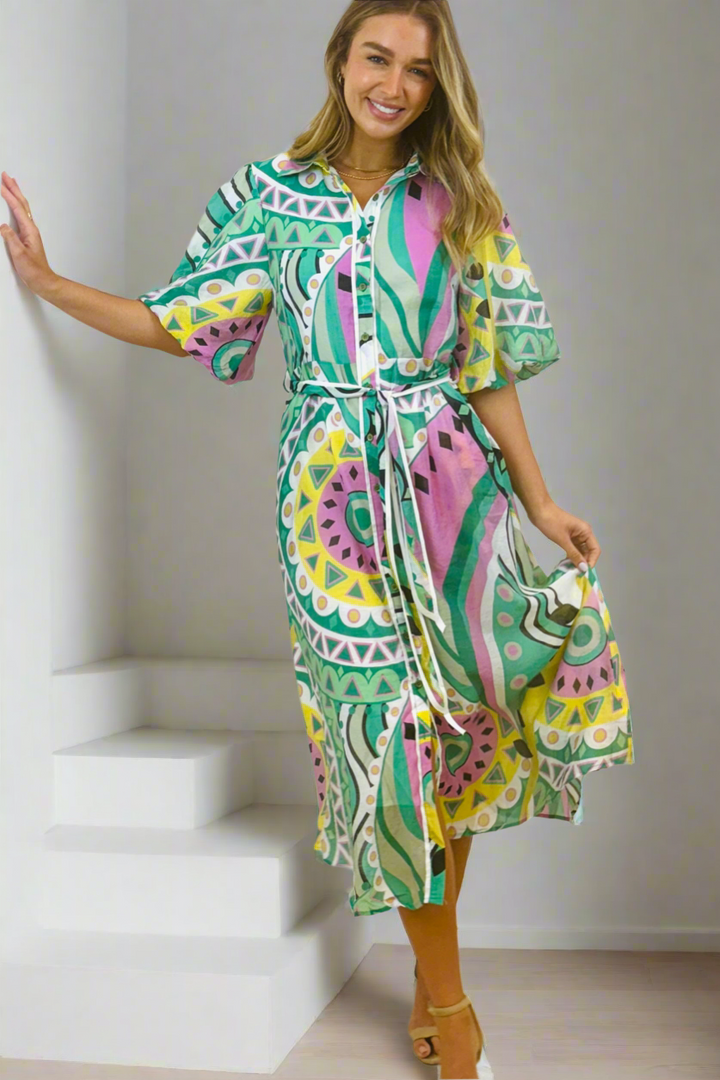 Leah Dress in Mint Colour Print