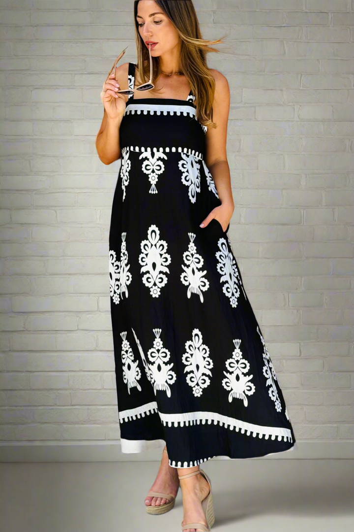 Positano Embroidered Print Maxi Dress in Black and white