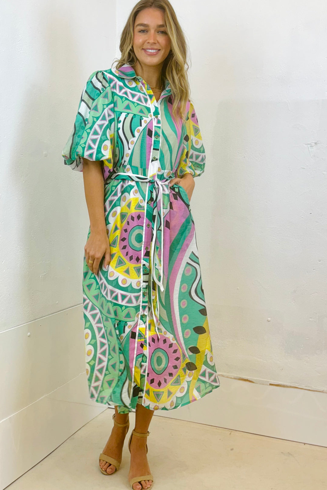 Leah Dress in Mint Colour Print