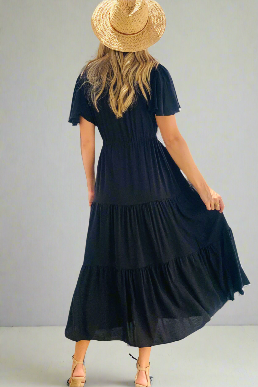 Santorini Short Sleeve Midi Dress in Black