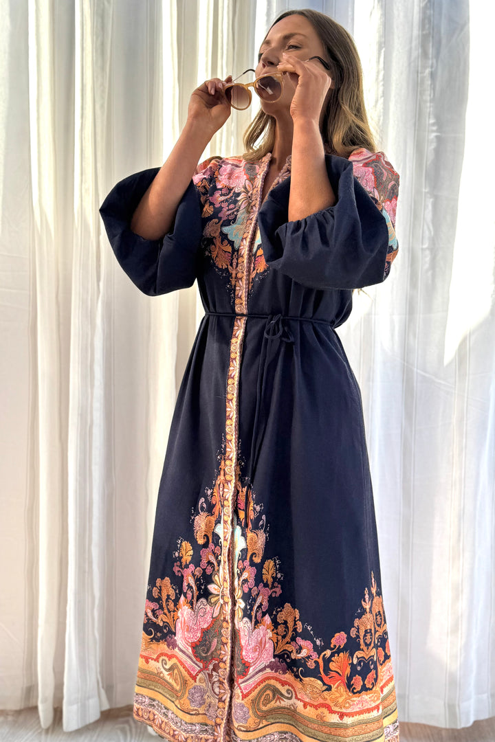 Alani Navy Embroidered Print Midi Dress