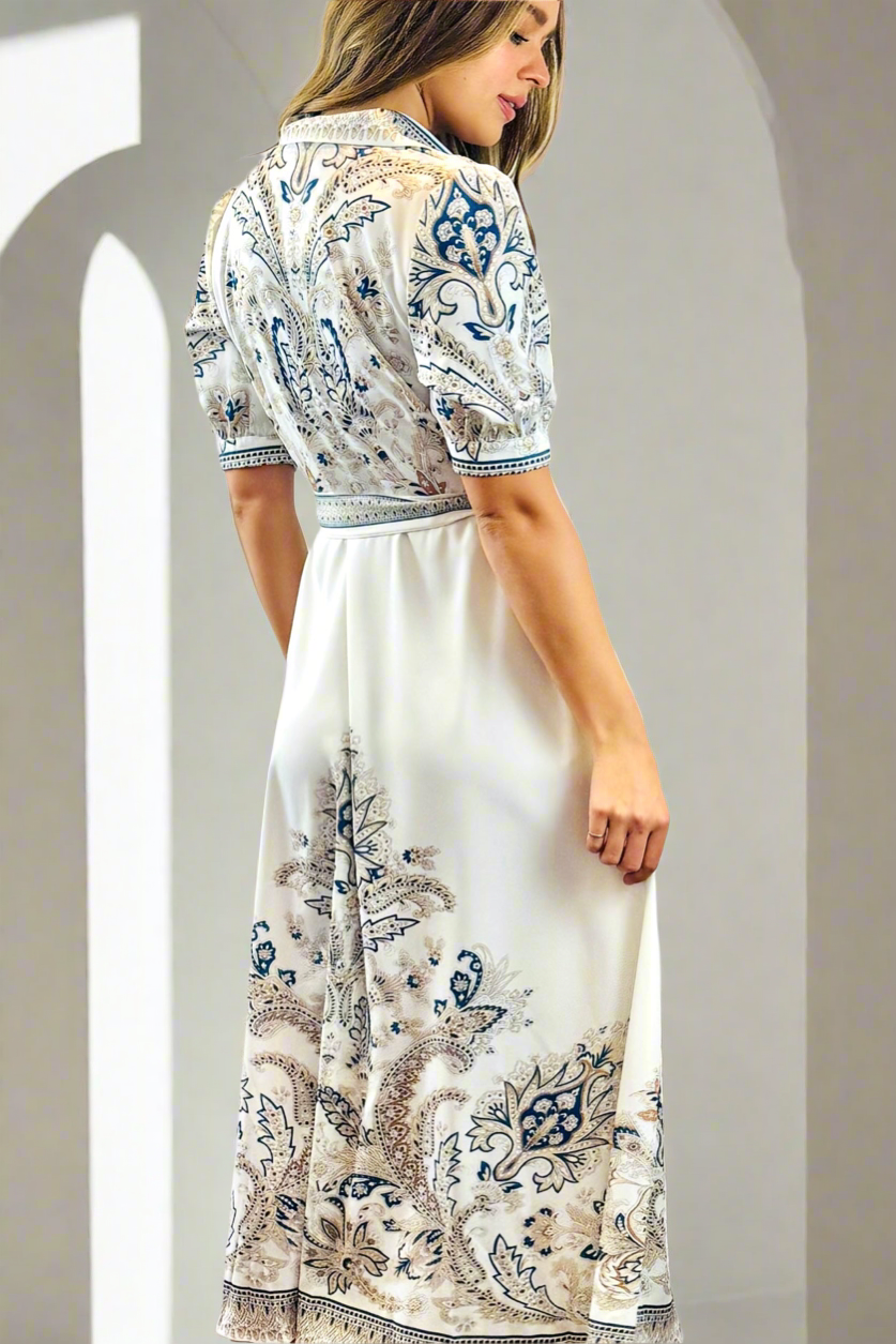 Lopez Embroidered Print Dress  in White