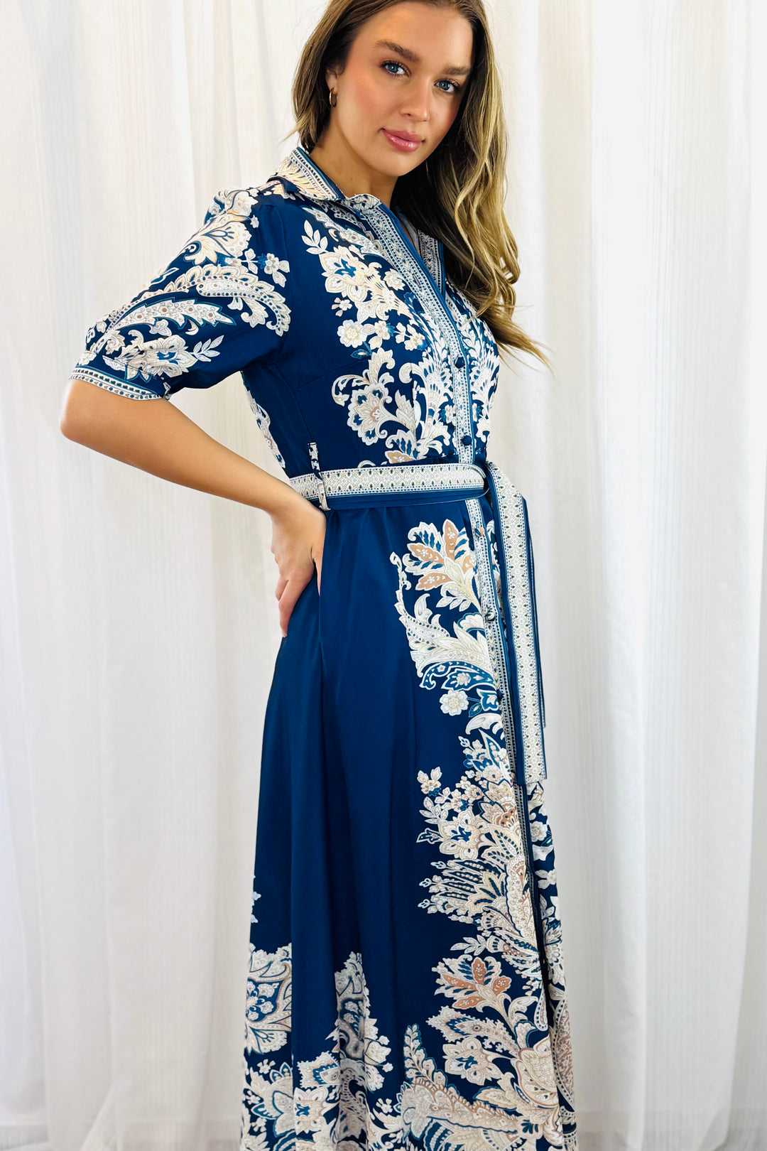 Lopez Embroidered Print Shirt Dress  In Navy