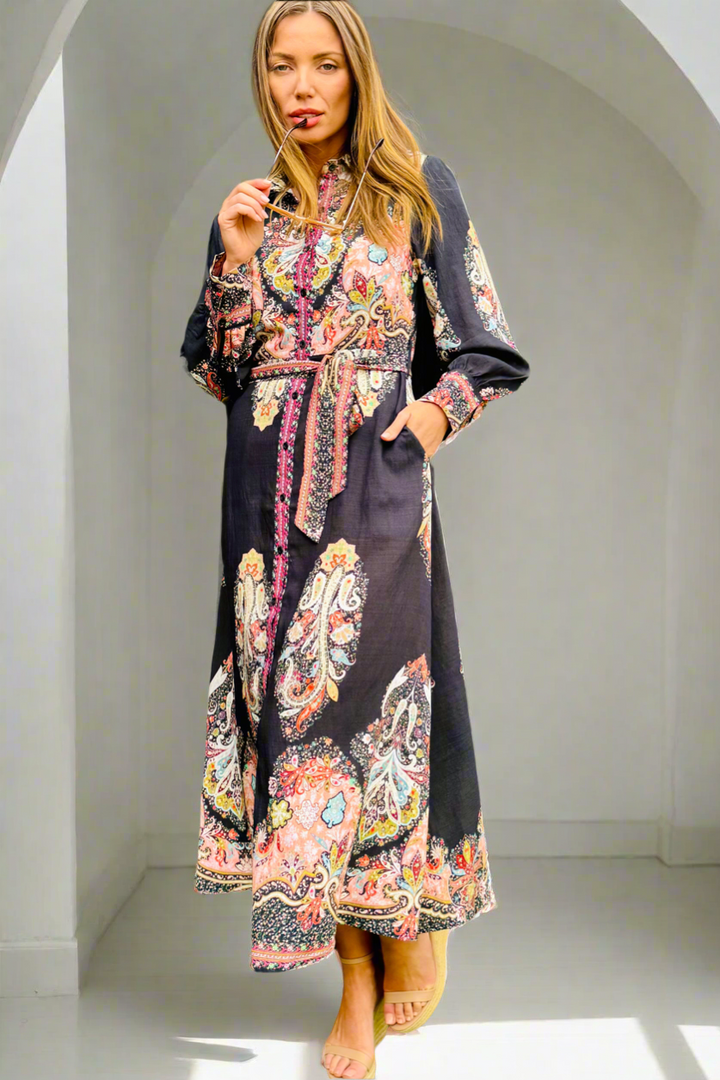 New Arrival -Gidget Black Embroidered Print Dress in Long Sleeve