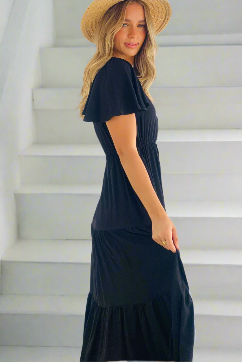 Santorini Short Sleeve Midi Dress in Black