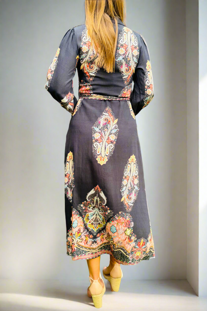 New Arrival -Gidget Black Embroidered Print Dress in Long Sleeve