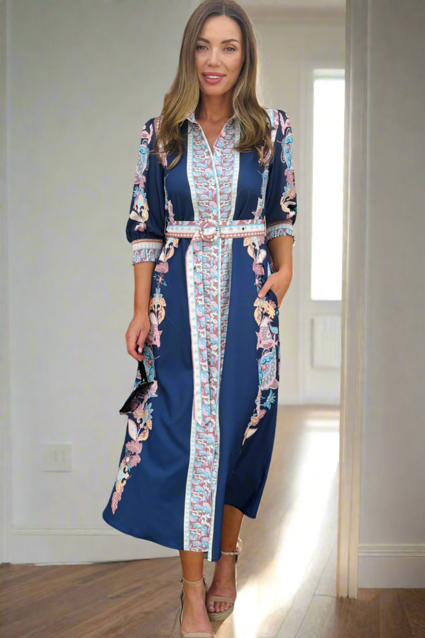 Claudine Midi Print Dress in Navy Print