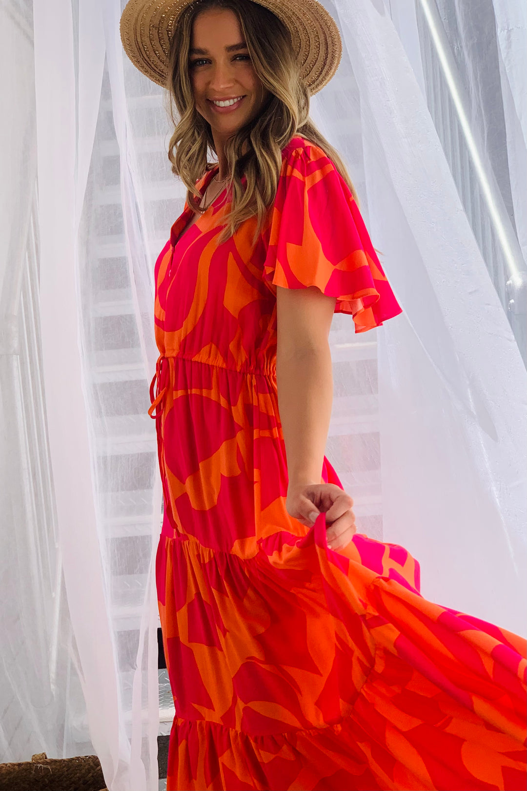 Santorini Midi Dress  in Orange and Hot Pink