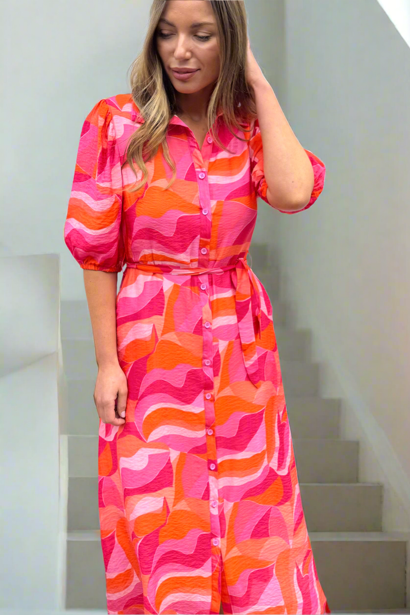 Fallon Shirt Dress In Pink and Orange Multi Print-Coming Soon