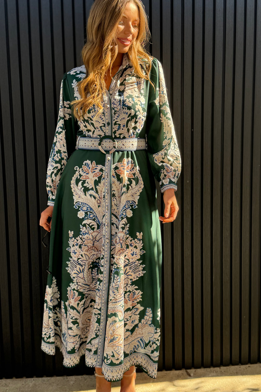 Lopez Long Sleeve Dress in Green Embroidered Print