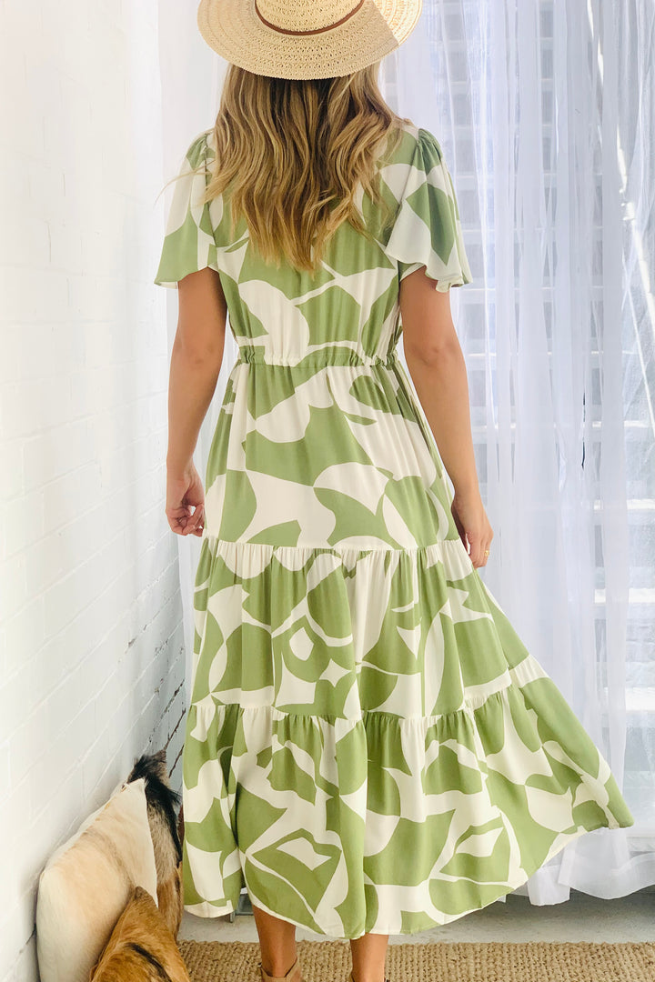 Santorini Midi  Dress In Avocado and Cream Print
