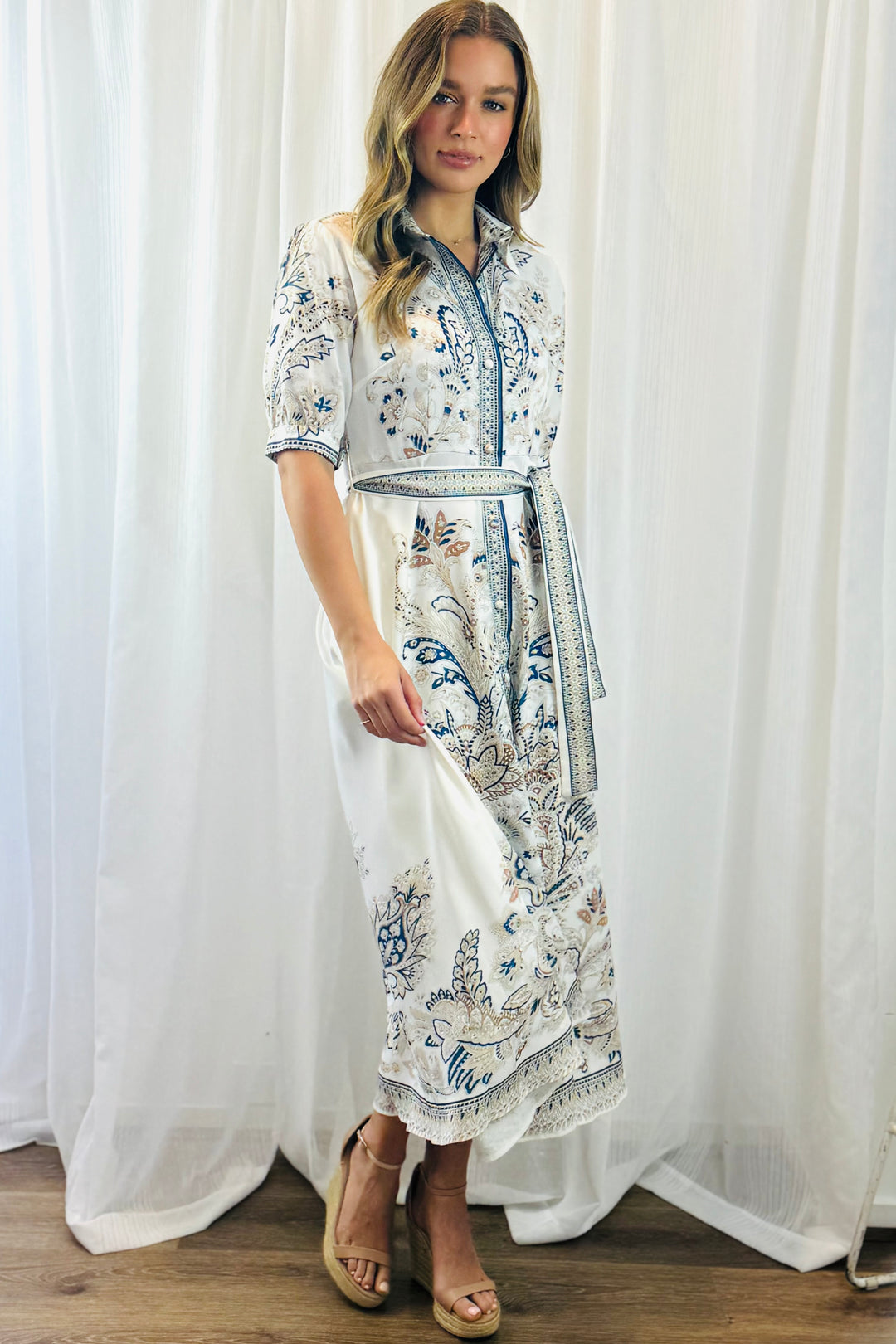 Lopez Embroidered Print Dress  in White